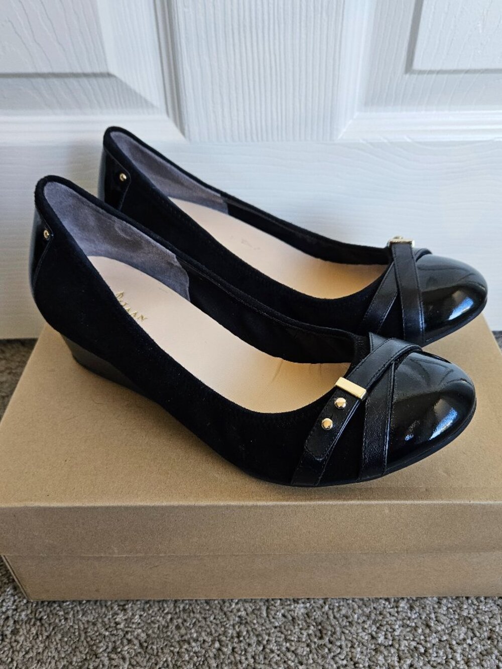 Cole Haan Monica Wedge Black Suede & Patent Leather